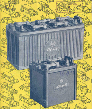 Boschin moottoripyörien ja autojen akkujen mainos vuodelta 1938.